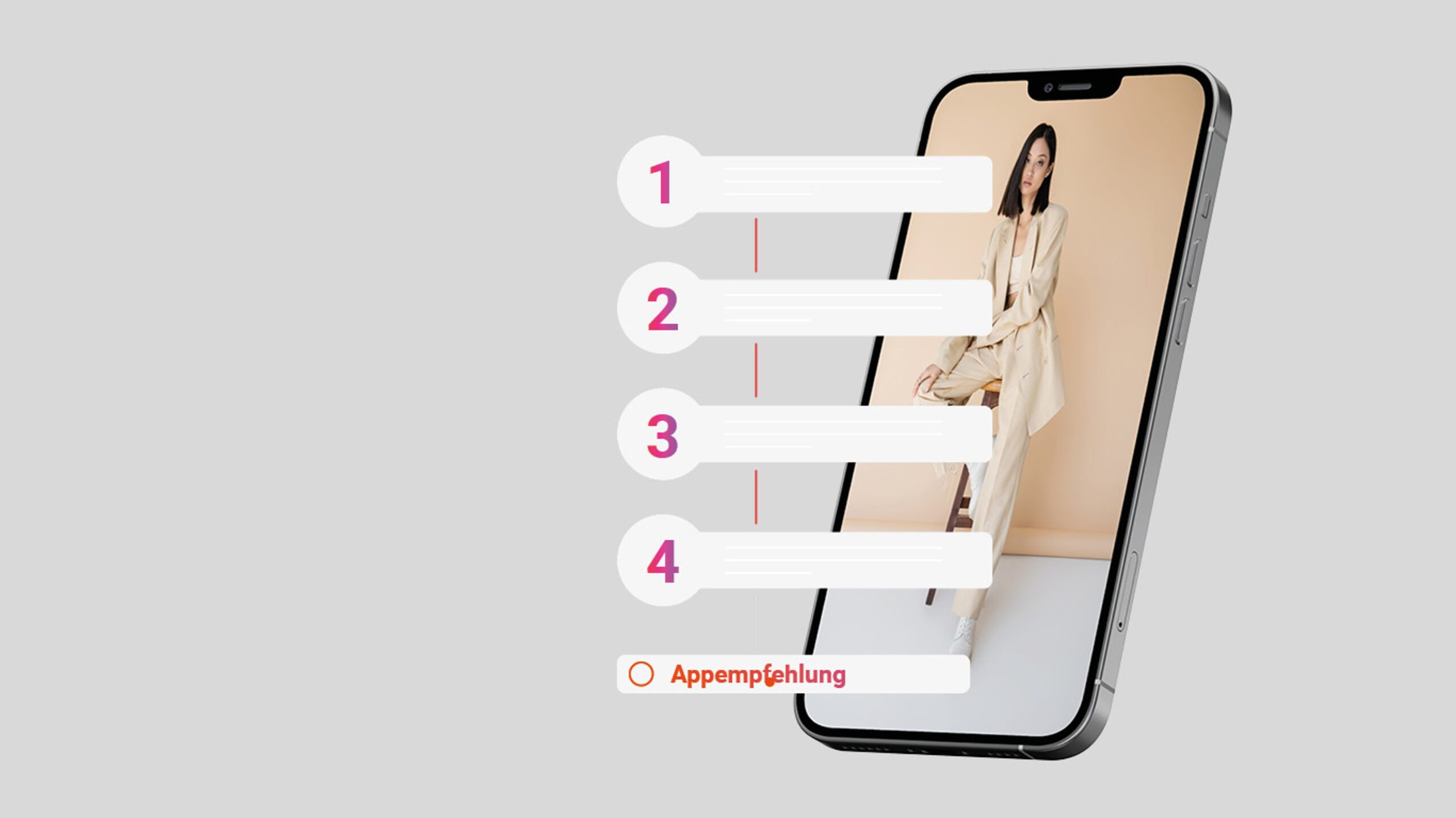 Auf einem Smartphone ist eine Frau in einem beigen Kostüm zu sehen, daneben befinden sich auf hellgrauem Hintergrund vier nummerierte Listenpunkte und der deutsche Text „App-Empfehlung“, die die Funktionen eines innovativen App-Builders veranschaulichen.