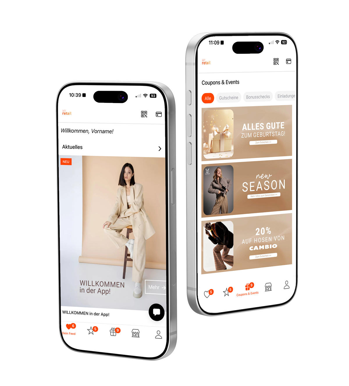 Auf zwei Smartphones ist eine Mode-App auf Deutsch zu sehen, die eine Frau in einem beigen Kostüm sowie verschiedene Gutscheine, Rabatte und Veranstaltungen rund um Mode zeigt. Die Benutzeroberfläche der App verfügt unten über Navigationssymbole. Auf zwei Smartphones ist eine Mode-App auf Deutsch zu sehen, die eine Frau in einem beigen Kostüm sowie verschiedene Gutscheine, Rabatte und Veranstaltungen rund um Mode zeigt. Die Benutzeroberfläche der App verfügt unten über Navigationssymbole.