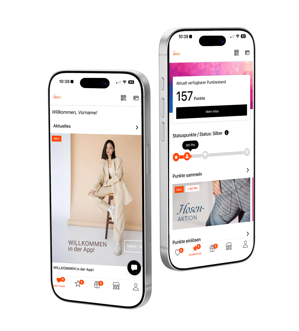 Auf zwei Smartphones ist die Benutzeroberfläche einer Shopping-App zu sehen: Auf dem einen Bildschirm ist eine Frau in einem beigen Anzug zu sehen, auf dem anderen eine Übersicht über Punkte und Status. Das Layout ist modern, mit weißem Hintergrund und orangefarbenen Akzenten. Auf zwei Smartphones ist die Benutzeroberfläche einer Shopping-App zu sehen: Auf dem einen Bildschirm ist eine Frau in einem beigen Anzug zu sehen, auf dem anderen eine Übersicht über Punkte und Status. Das Layout ist modern, mit weißem Hintergrund und orangefarbenen Akzenten.